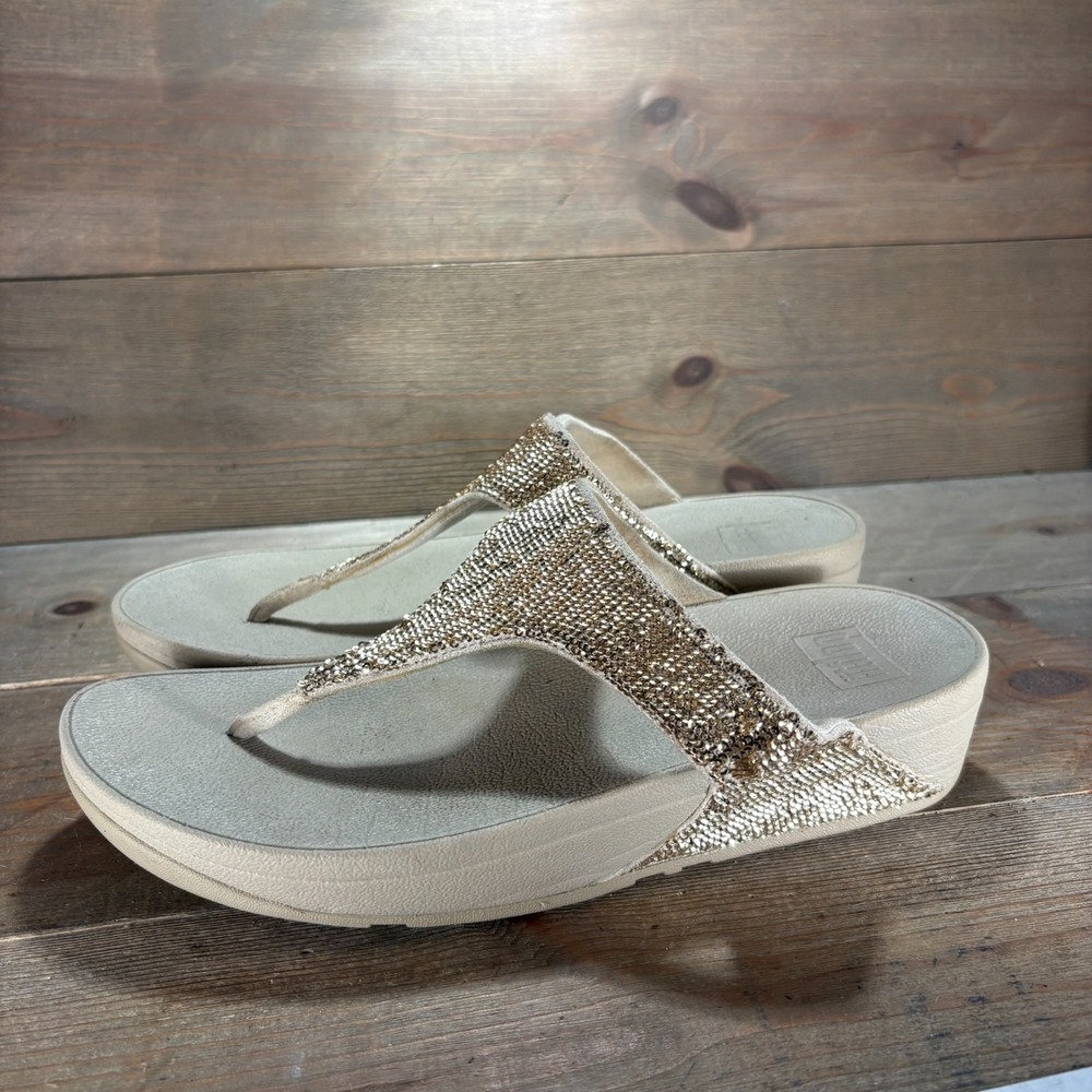 FitFlop Electra Womens size 10 shoes Gold Sequin Toe Post Wedge sandals